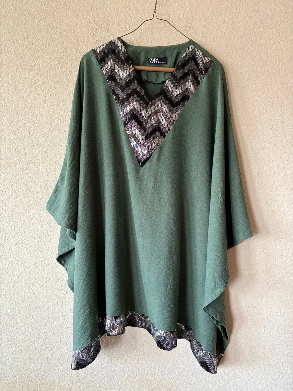 Zara Collection Sequin Chevron Caftan Tunic Poncho‎ Sage Green Oversized
